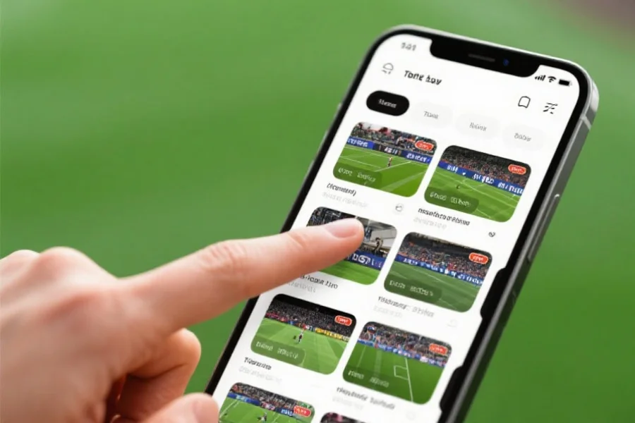 手机屏幕上显示多个足球比赛直播画面，用户用手指滑动选择不同赛事，界面现代简洁