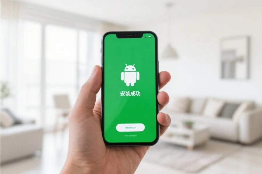 一只手持安卓手机，屏幕上显示“安装成功”，背景为明亮简洁的现代家居环境
